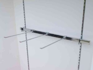 Wooden product shelf, hanging rail type, adjustable, red-white wooden frame, has 2 storage drawers.