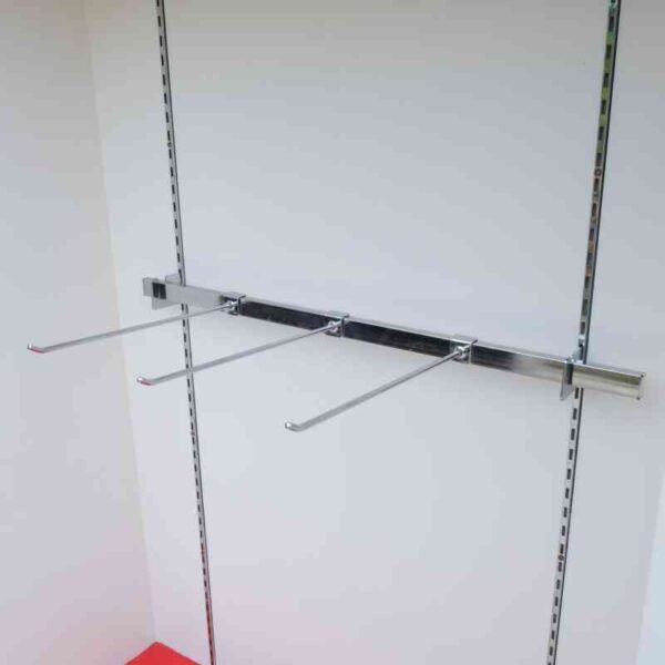 Wooden product shelf, hanging rail type, adjustable, red-white wooden frame, has 2 storage drawers.