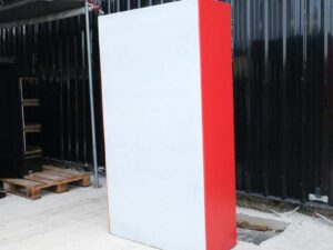 Wooden product shelf, hanging rail type, adjustable, red-white wooden frame, has 2 storage drawers.