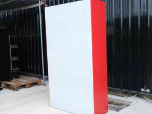 Wooden product shelf, hanging rail type, adjustable, red-white wooden frame, has 2 storage drawers.