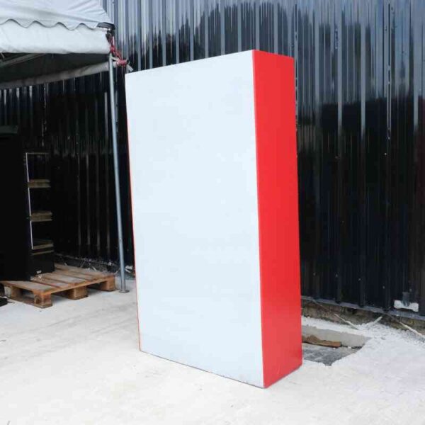 Wooden product shelf, hanging rail type, adjustable, red-white wooden frame, has 2 storage drawers.