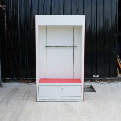 Wooden product shelf, hanging rail type, adjustable, red-white wooden frame, has 2 storage drawers.