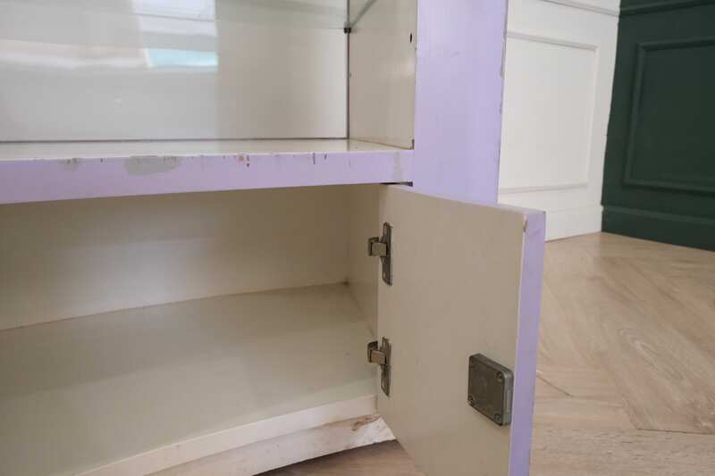 Curved glass jewelry showcase cabinet in purple color, without glass door.