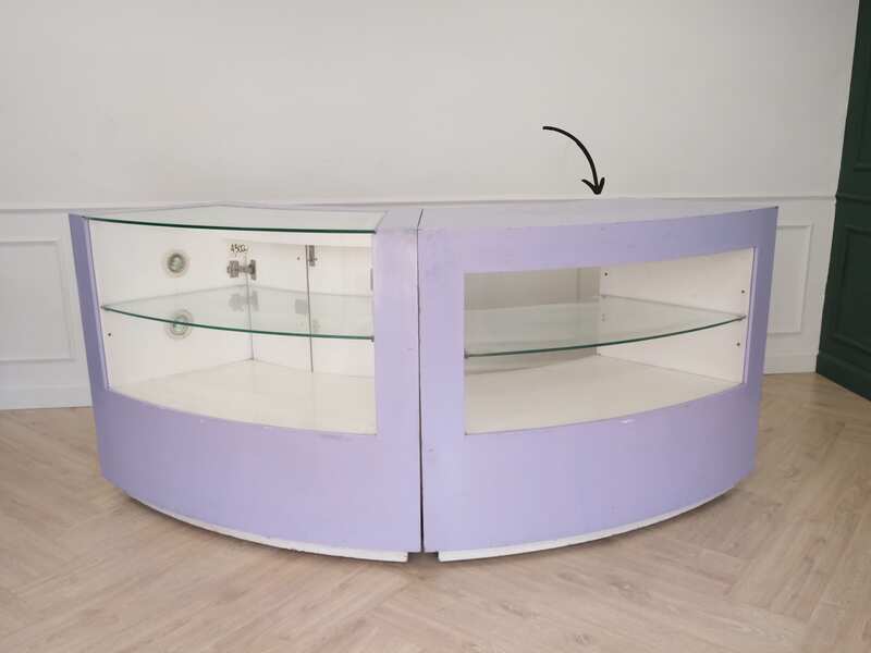 Curved glass jewelry showcase cabinet in purple color, without glass door.
