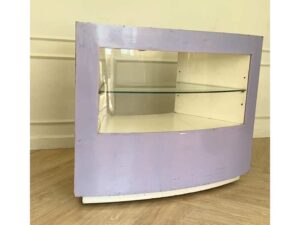 Curved glass jewelry showcase cabinet in purple color, without glass door.