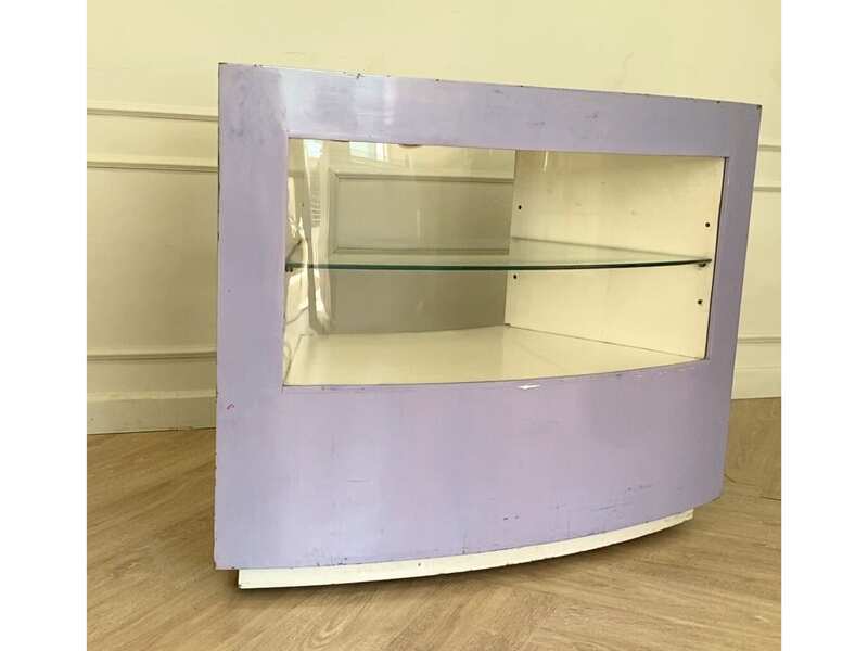 Curved glass jewelry showcase cabinet in purple color, without glass door.