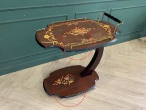 Serving table with wheels, wooden frame, brown
