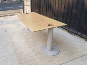 Conference table, steel legs, grey color, cream color wooden top