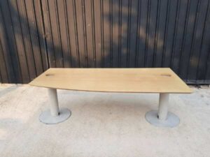 Conference table, steel legs, grey color, cream color wooden top