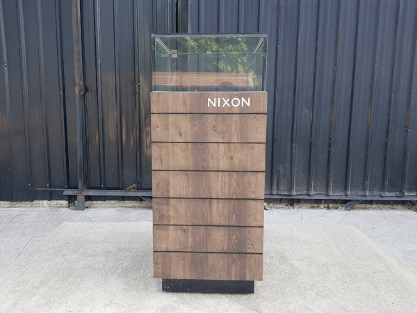 Glass display cabinet, jewelry cabinet, tall, wood pattern, dark brown