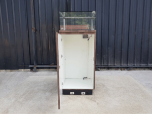 Glass display cabinet, jewelry cabinet, tall, wood pattern, dark brown