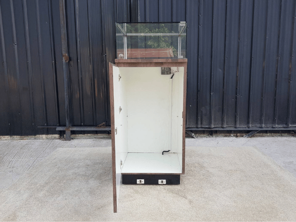Glass display cabinet, jewelry cabinet, tall, wood pattern, dark brown
