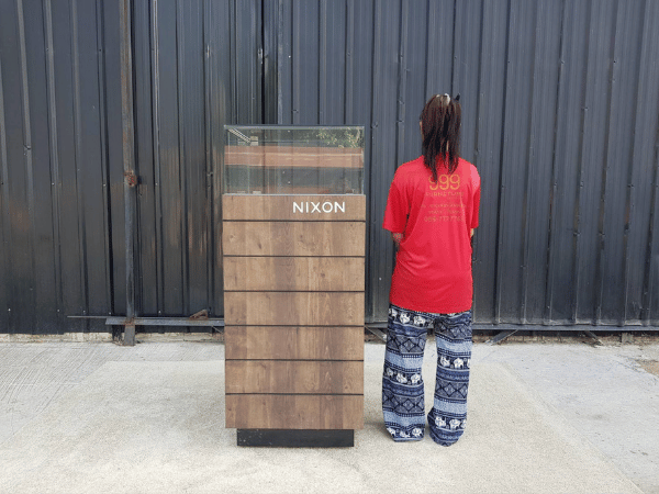 Glass display cabinet, jewelry cabinet, tall, wood pattern, dark brown
