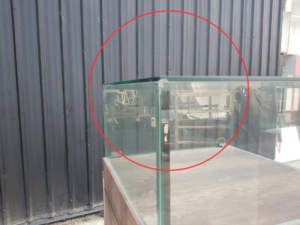 Glass display cabinet, jewelry cabinet, tall, wood pattern, dark brown