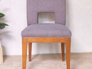 Wooden chair, purple fabric cushion, beautiful frame, cushioned backrest.