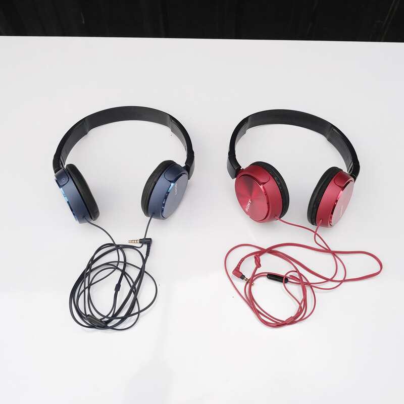 Headband headphones, brand Sony, model MDR ZX310AP Series Balanced Sound Headphone With Mic - Blue & red