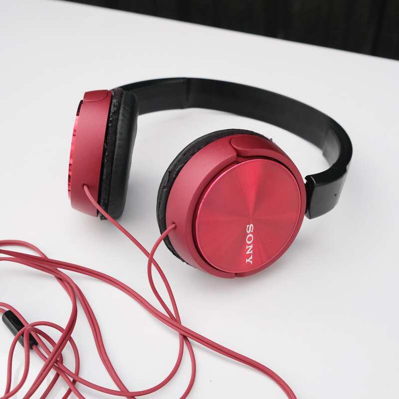 Headband headphones, brand Sony, model MDR ZX310AP Series Balanced Sound Headphone With Mic - Blue & red