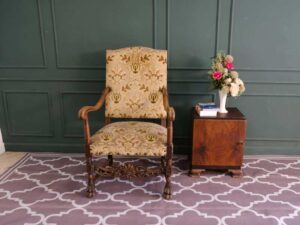 carved chair Fabric cushion, flower pattern, cream color, European workmanship, sourced from Germany.