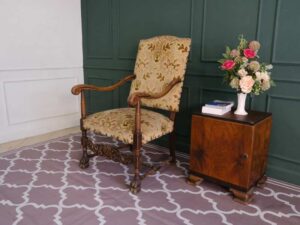 carved chair Fabric cushion, flower pattern, cream color, European workmanship, sourced from Germany.