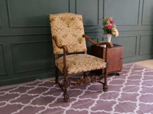 carved chair Fabric cushion, flower pattern, cream color, European workmanship, sourced from Germany.