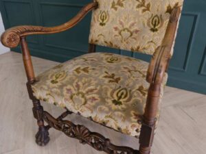 carved chair Fabric cushion, flower pattern, cream color, European workmanship, sourced from Germany.