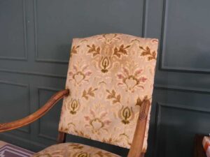 carved chair Fabric cushion, flower pattern, cream color, European workmanship, sourced from Germany.