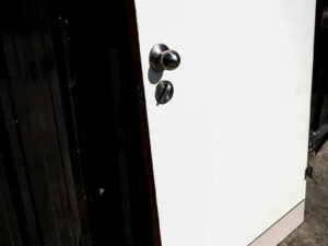 Wooden door, wood pattern outside, white inside, twist lock. There is a shock absorber to slow down opening and closing, Soft Close system.