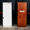 Wooden door, wood pattern outside, white inside, twist lock. There is a shock absorber to slow down opening and closing, Soft Close system.