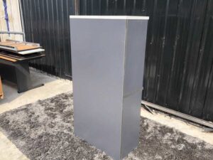 Document shelf, 4 shelves, wooden frame, gray color