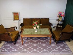 Stand up sofa table for living room 3+1+1+1 green fabric cushion, European work from Germany.