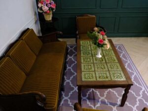 Stand up sofa table for living room 3+1+1+1 green fabric cushion, European work from Germany.