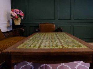 Stand up sofa table for living room 3+1+1+1 green fabric cushion, European work from Germany.