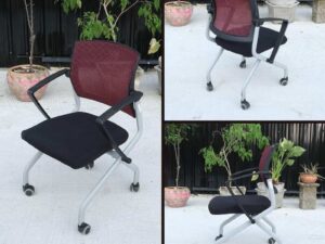 seminar chair office chair Mesh backrest, black fabric upholstery, foldable seat, has wheels.