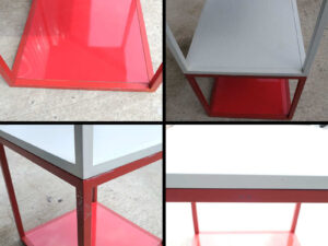 2-level open product shelves, steel frame, white-red.