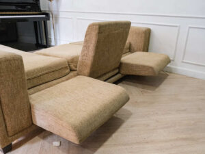 L sofa corner sofa brown fabric cushion wooden frame black legs reclining sofa.