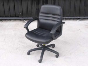 Office chair, black leather seat, leather covered arms, brand Mono.