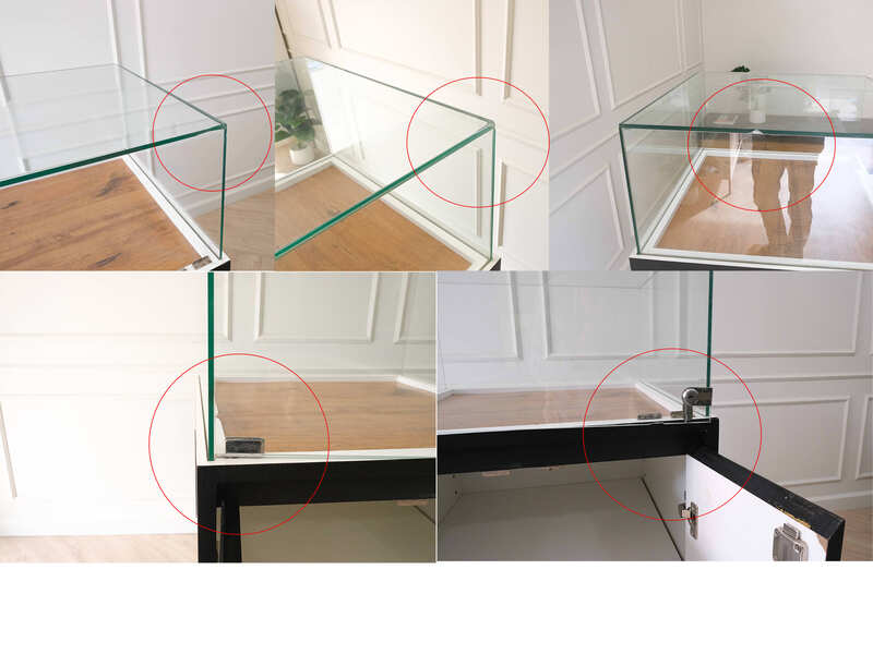 Jewelry cabinet, glass cabinet to display products Square shape, black wooden base, has 2 storage cabinets that open.