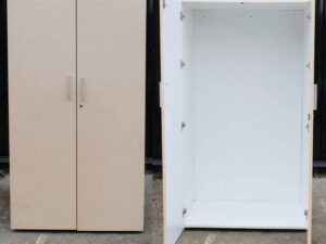 Wooden cabinet with 2 doors, cream color, wavy design.
