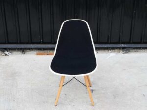 Black fabric upholstered chair, wooden legs, cafe chair, restaurant chair