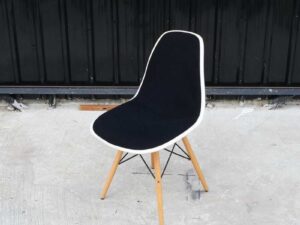 Black fabric upholstered chair, wooden legs, cafe chair, restaurant chair