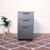 Wooden filing cabinet, 3 drawers, gray color, wooden top, no wheels.