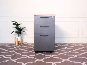 Wooden filing cabinet, 3 drawers, gray color, wooden top, no wheels.