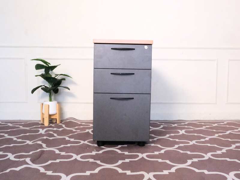 Wooden filing cabinet, 3 drawers, gray color, wooden top, no wheels.