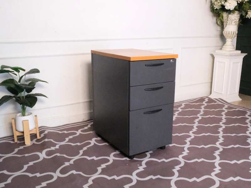 Wooden filing cabinet, 3 drawers, gray color, wooden top, no wheels.