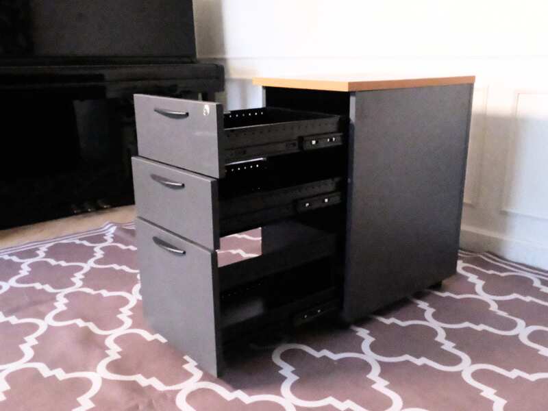 Wooden filing cabinet, 3 drawers, gray color, wooden top, no wheels.
