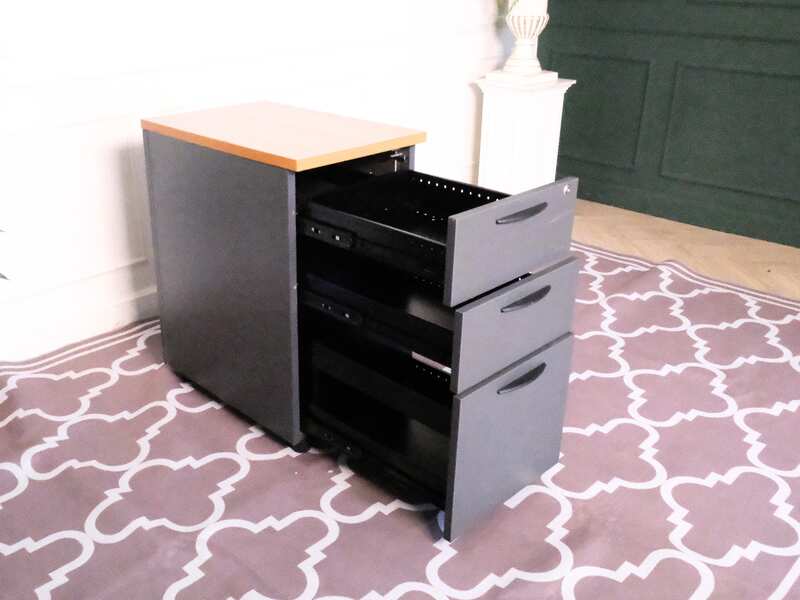 Wooden filing cabinet, 3 drawers, gray color, wooden top, no wheels.