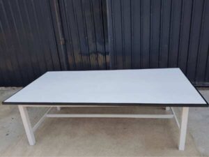 8-seat conference table, steel legs, wooden top, wood color