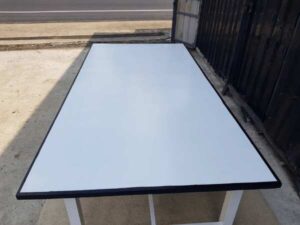 8-seat conference table, steel legs, wooden top, wood color