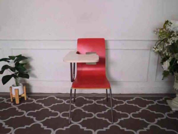 Red wooden lecture chair, white wooden writing board, steel legs.