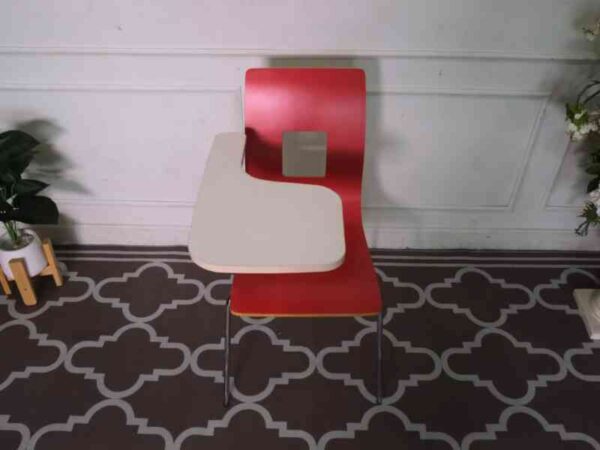 Red wooden lecture chair, white wooden writing board, steel legs.
